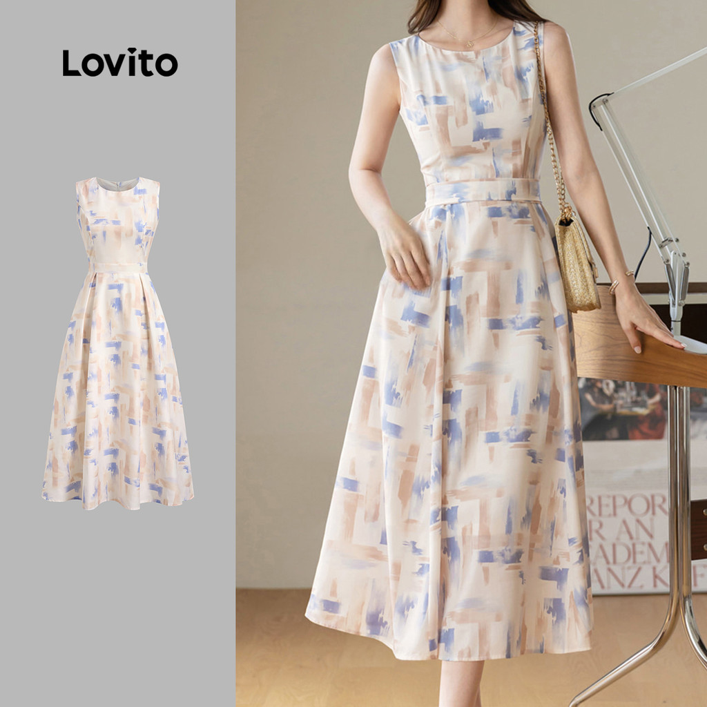 Lovito Vestido Elegante Geométrico com Zíper Toque Suave Vestido Primavera/verão para Mulheres L137LD408 em Oferta na Shopee
