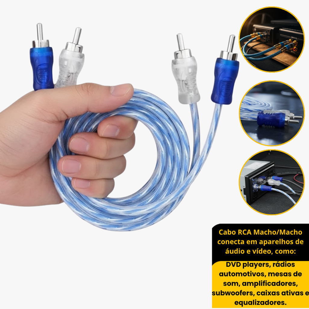 Cabo RCA 1 Metro Dupla Blindagem Injetado 4mm Som Automotivo Conectores Duplos De Alta Pressão Premium