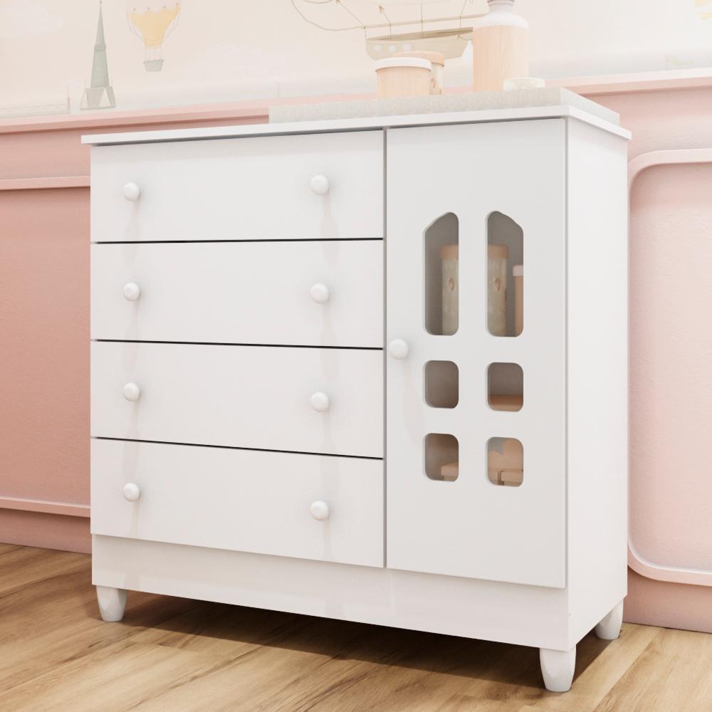 Cômoda Infantil 4 Gavetas com Porta Fraldário Selena 100% MDF Carolina Baby