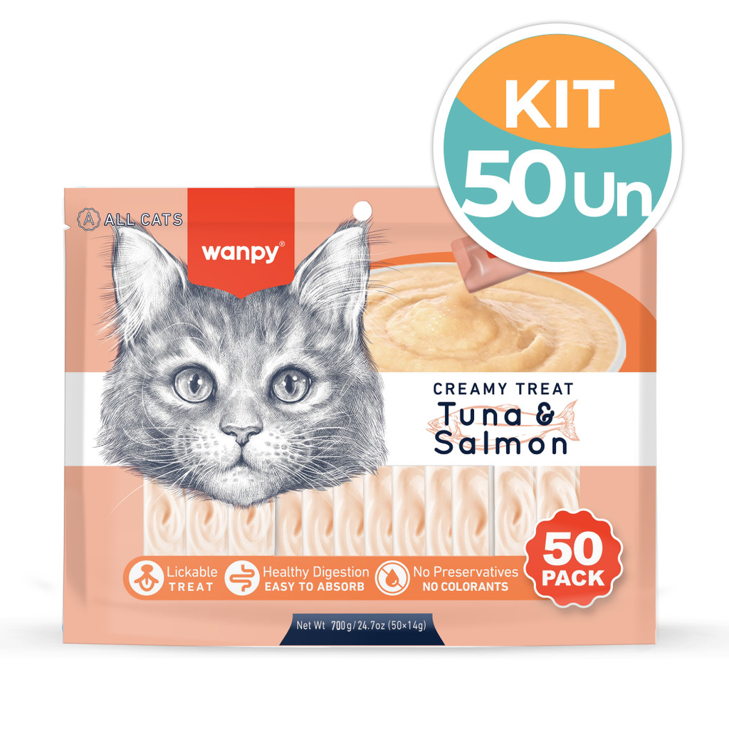 Petisco Wanpy Creamy Atum com Salmao Gatos 50x14g