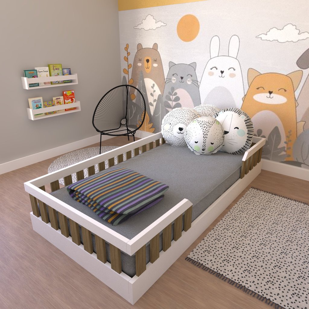 Cama Infantil Montessoriana Solteiro Cori Yescasa Branco/Carvalho Mel Branco/Carvalho Mel
