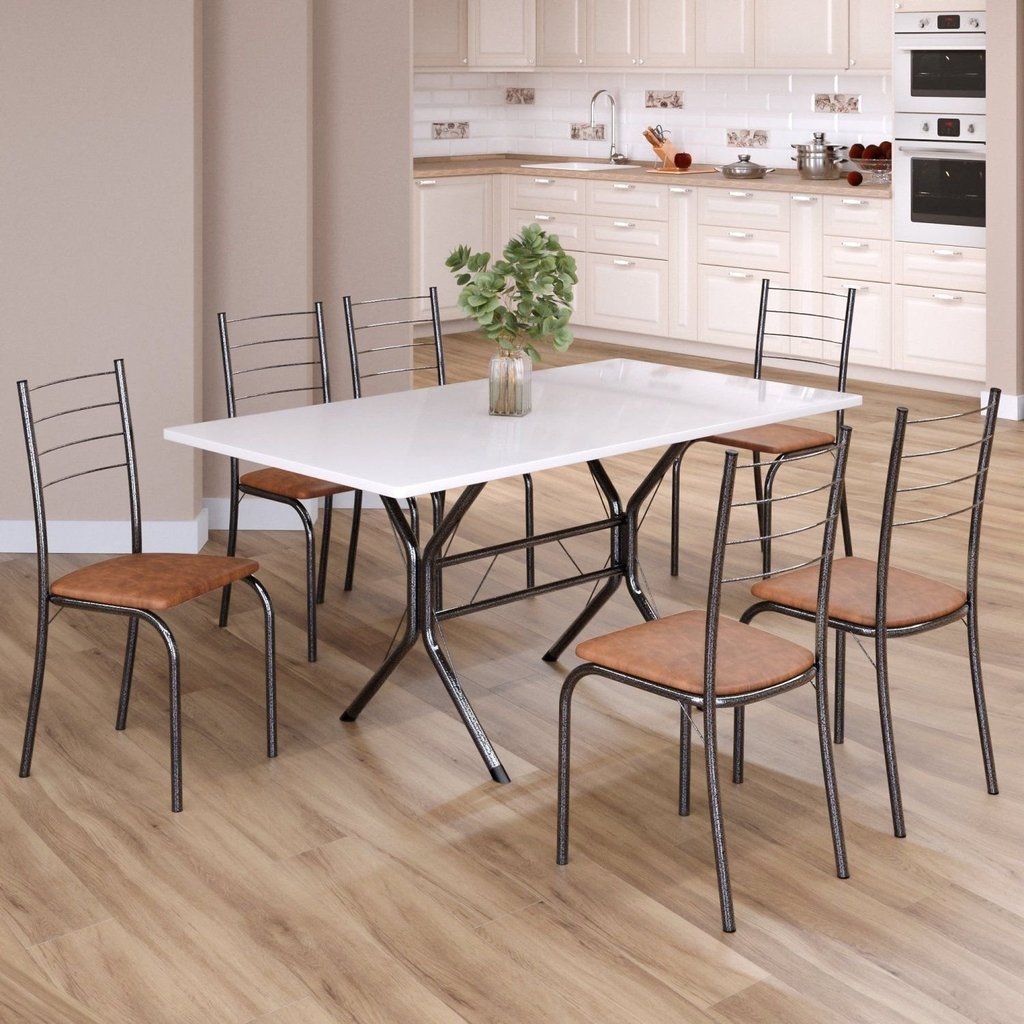 Conjunto Sala de Jantar Mesa Retangular 140x75cm Tampo Madeira MDP 6 Cadeiras Rio Prata/C. Marrom/Mart Paraopeba/Mart