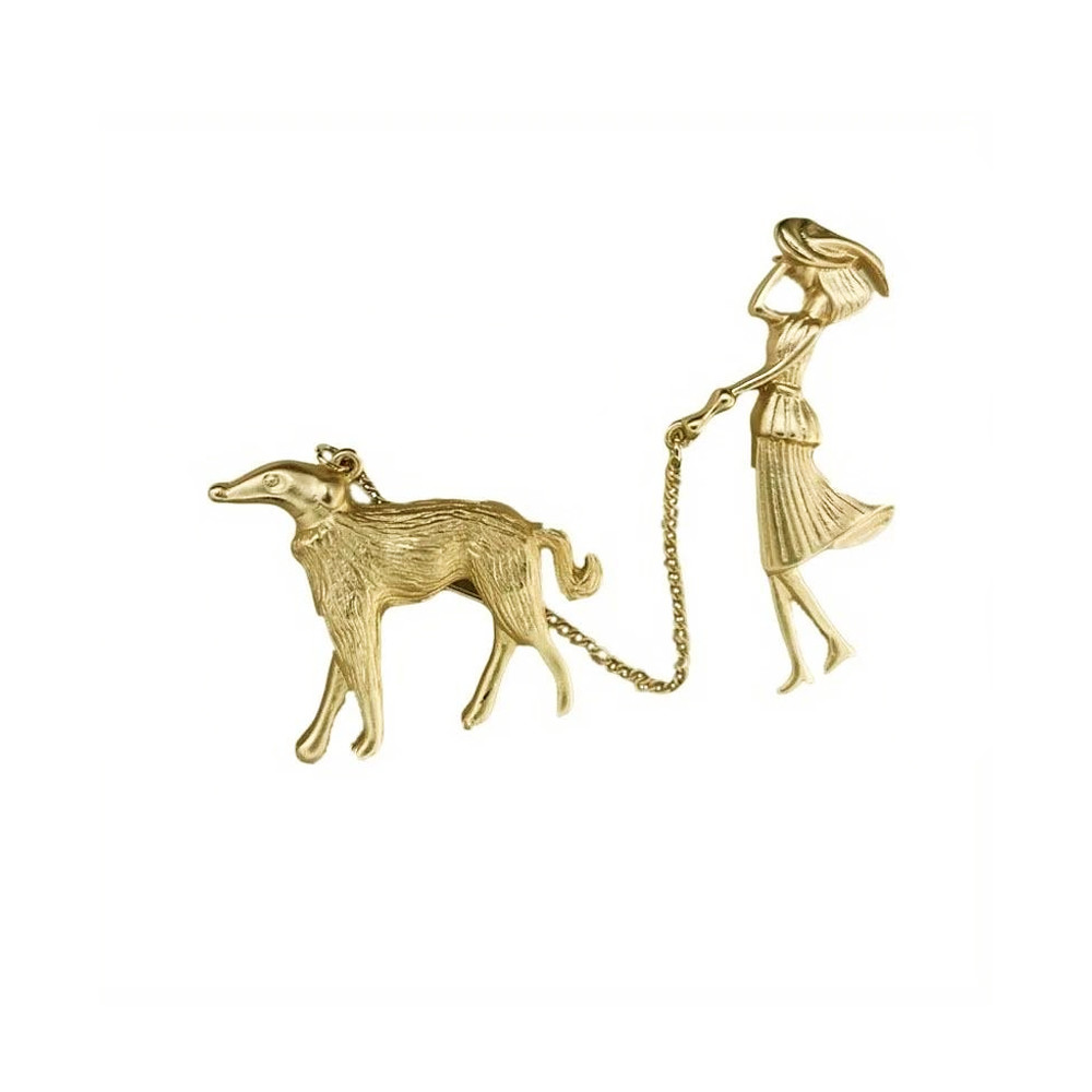 Broche Dourado A Dama E O Galgo Texturizado  -