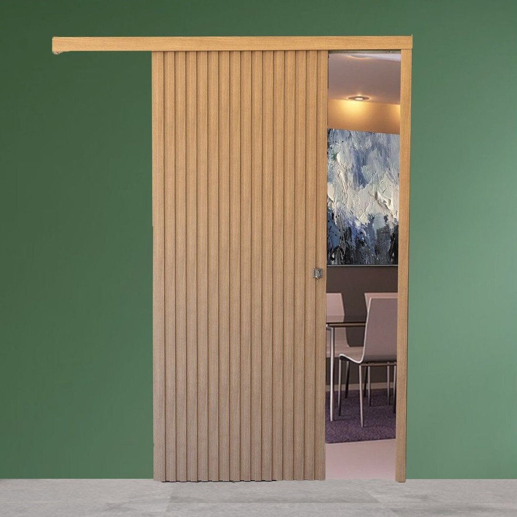 Porta de Correr de Madeira Ripada Completa 210x82cm com Fechadura e Ferragens Marrom/Marfim Casablanca Marfim