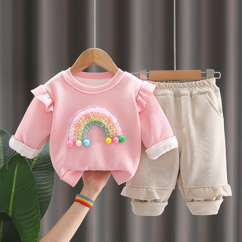 Meninas roupas de inverno forro de lã terno novo estilo moda bebê outono inverno moletom terno de duas peças moda bebê c