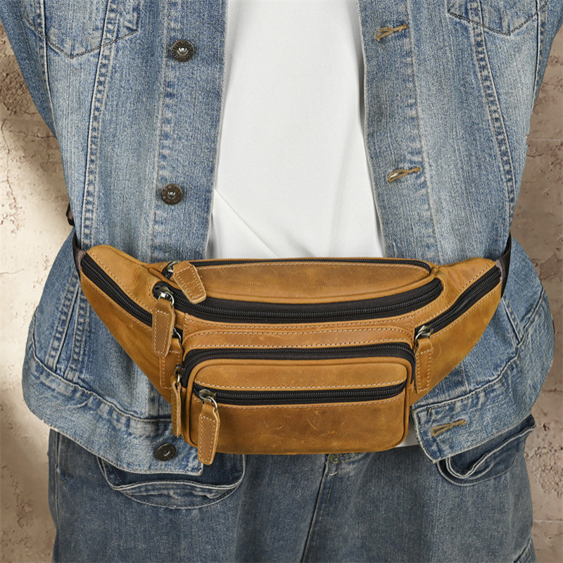 Crazy Horse Bolsa Masculina De Couro De Primeira Camada De Couro De Vaca Bolsa De Cintura Multifuncional Esportes Lazer 