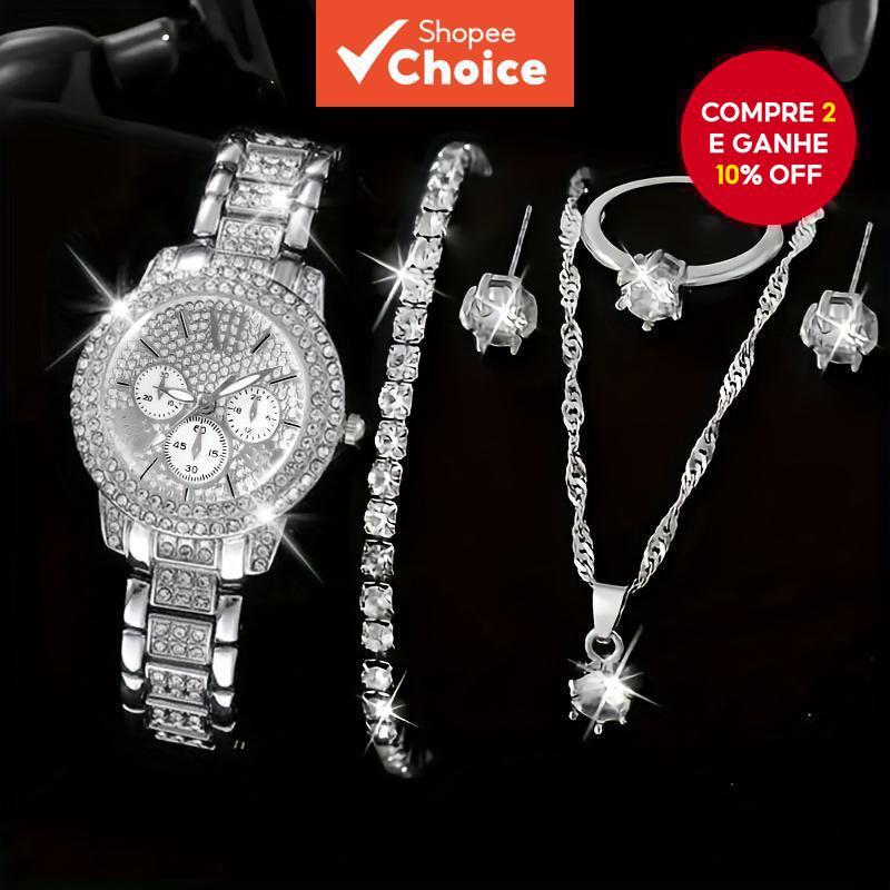 6 peças/conjunto Relógio de Pulso Quartzo Feminino Roma com Diamantes, Relógio Feminino com Pulseira de Liga e Conjunto em Oferta na Shopee