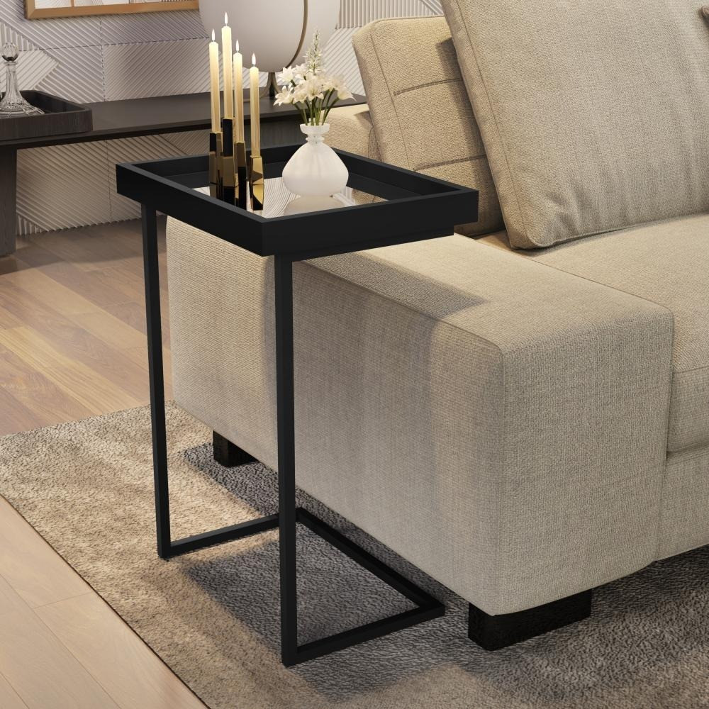 Mesa Lateral Espelhada com Pés de Ferro Apoio Sala Sofá Moderna Decoração Resistente e Elegante Preto / Preto