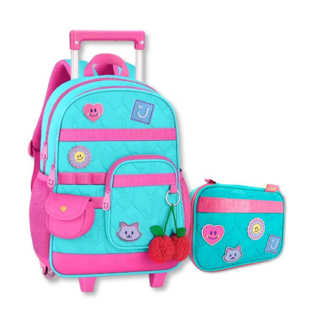 Mochila Carrinho e Estojo Box Juju Teofilo Kit Escolar Feminino