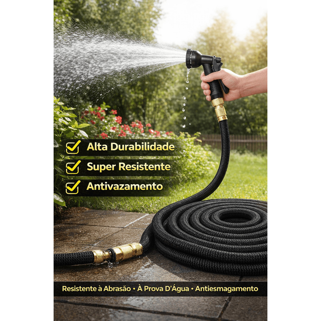 Mangueira Mágica Expansível 15m / 30m – Retrátil, Flexível, Antidobras e Alta Pressão p/ Jardim, Quintal e Carro
