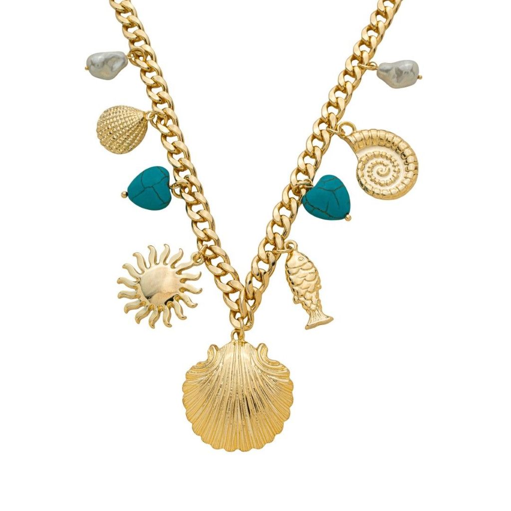 COLAR AMULETOS LORENA HOWLITA TURQUESA FOLHEADO A OURO 18K