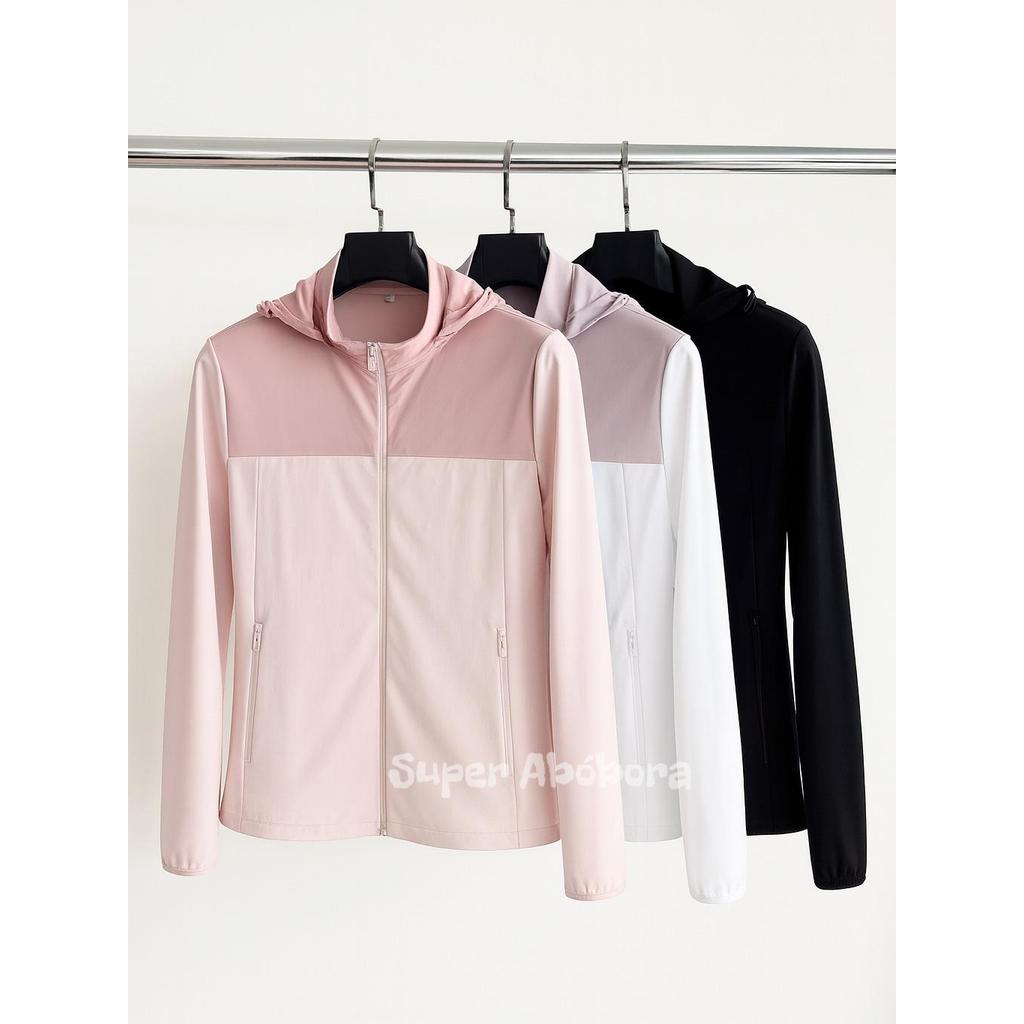 jaqueta esportiva leve possui proteção solar, zíper e capuz removível, sendo ideal para atividades como corrida em Oferta na Shopee