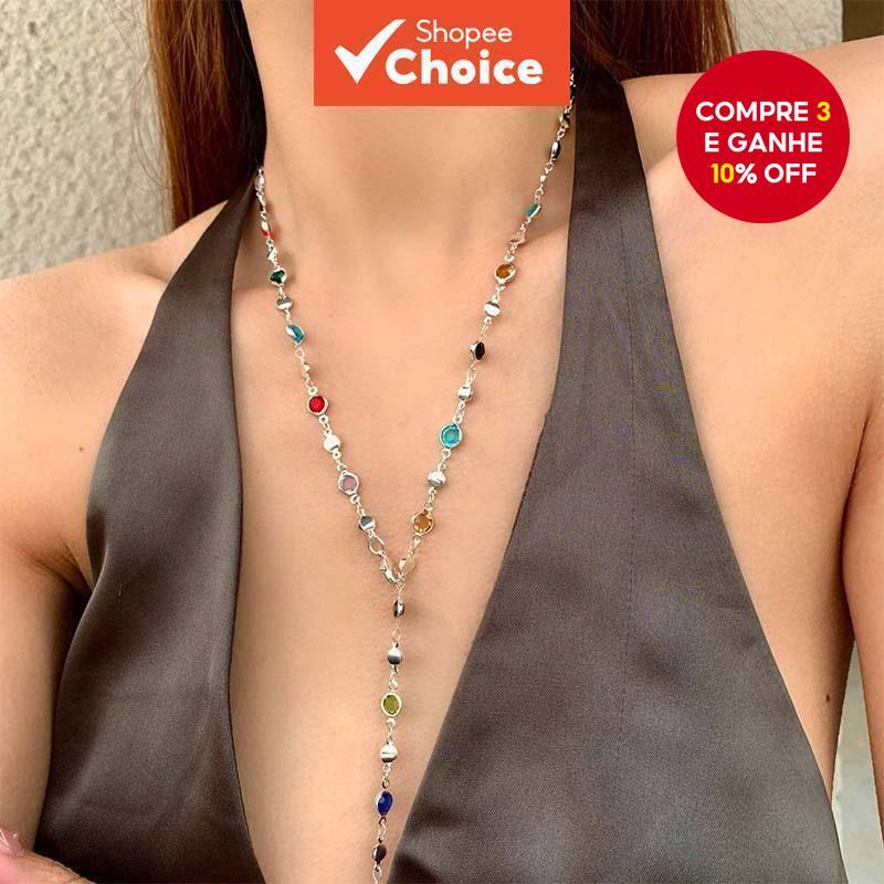 Colar De Cristal Falso Colorido Elegante Corrente De Metal Joias Para Mulheres em Oferta na Shopee