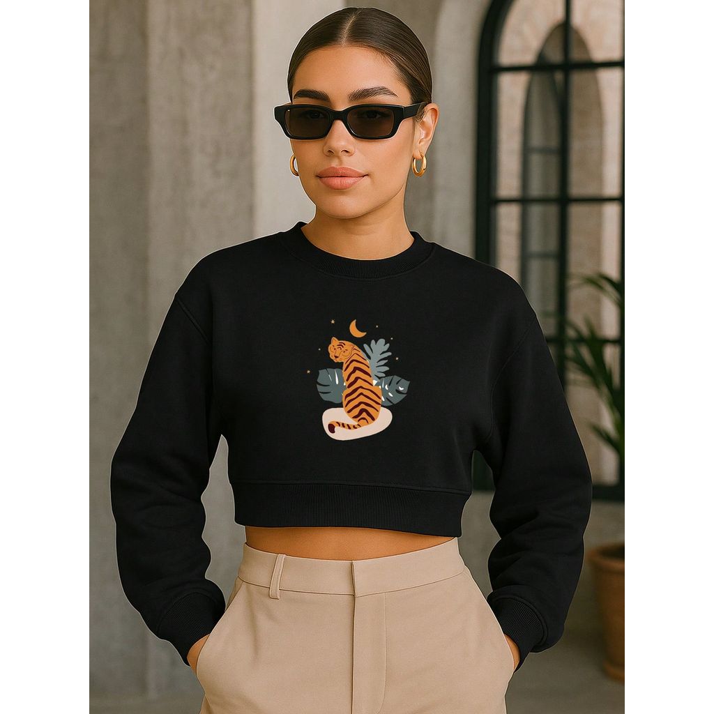 Cropped Moletom Feminino Tigre Ilustração Minimalista Swag Streetwear Fofo Tumblr Estiloso Várias Cores