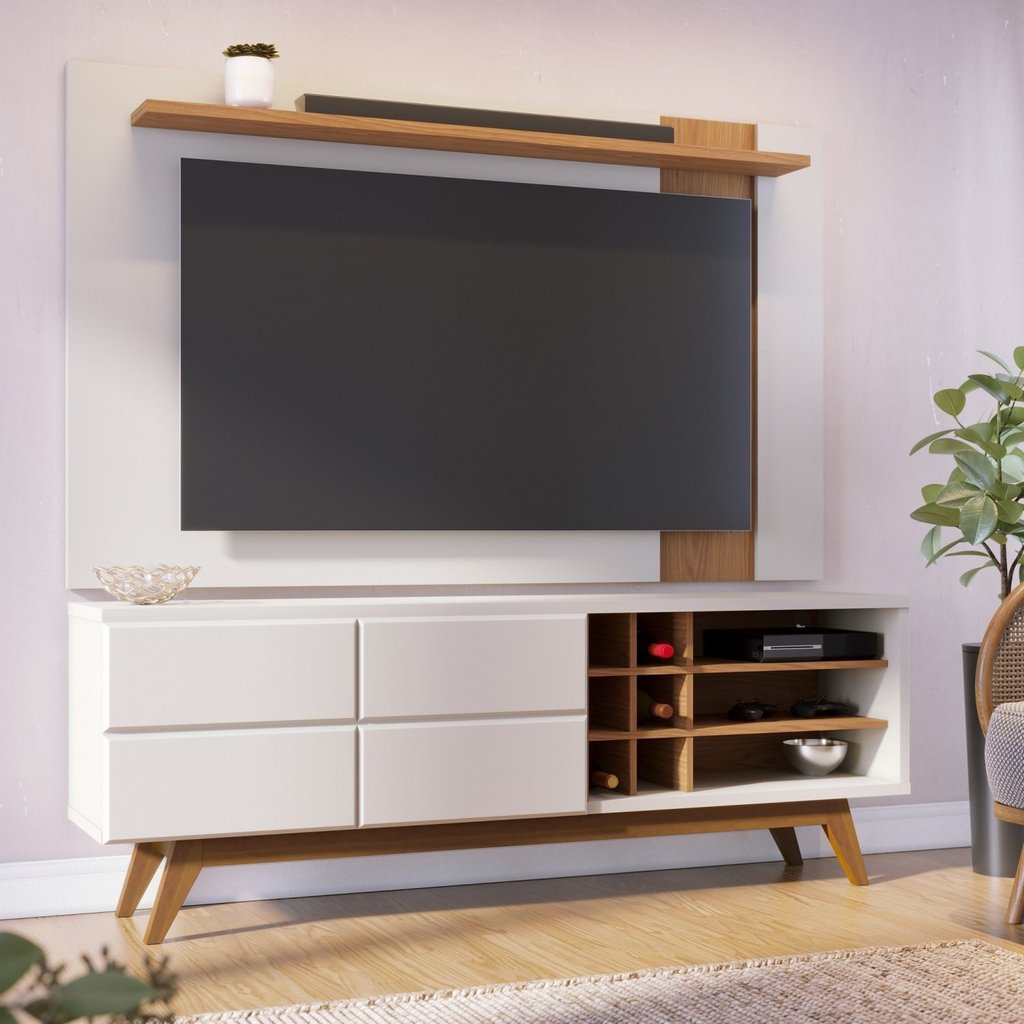 Rack com Painel Extensível para TV até 70 Polegadas 180cmx172,2cm Pés em Madeira Maciça Adega Noronha Branco Off