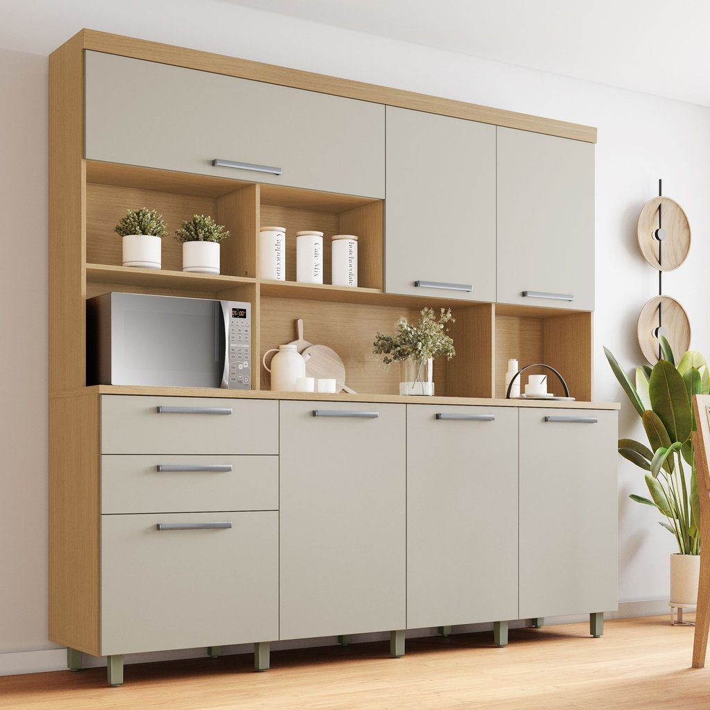 Armário de Cozinha 7 Portas 2 Gavetas Nobreza 210cm 100% MDF Cinza/Carvalho/Greige Carvalho/Greige
