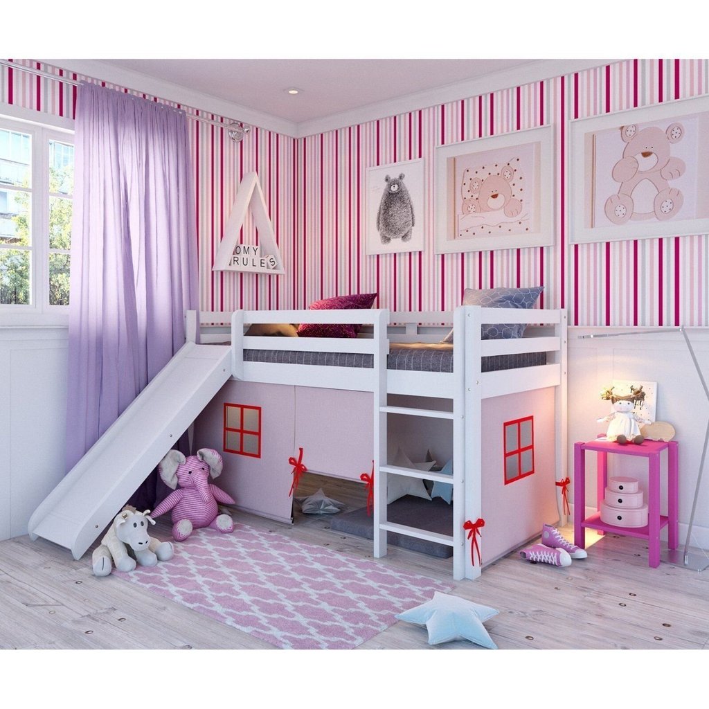 Cama Alta Infantil com Escorregador e Tenda em Madeira Maciça/MDF Branco/Rosa Branco/Rosa
