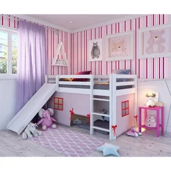 Cama Alta Infantil com Escorregador e Tenda em Madeira Maciça/MDF Branco/Rosa Branco/Rosa
