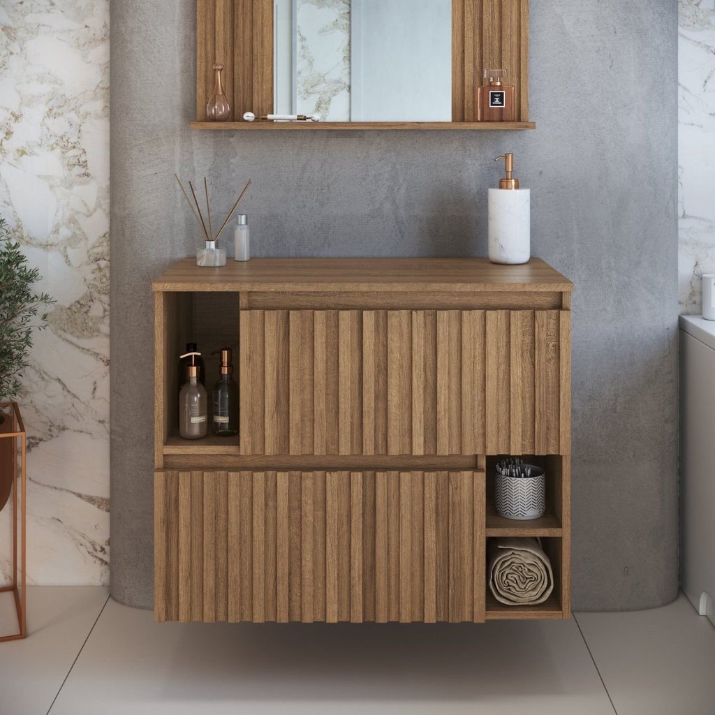 Gabinete de Banheiro Suspenso 75cm Luiza com 2 Portas Basculante sem Cuba Marrom/Mel Mel