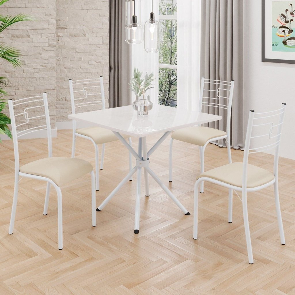 Conjunto Sala de Jantar Mesa Quadrada 70x70cm Tampo Mdp Off White 4 Cadeiras Paraty Creme/Branco