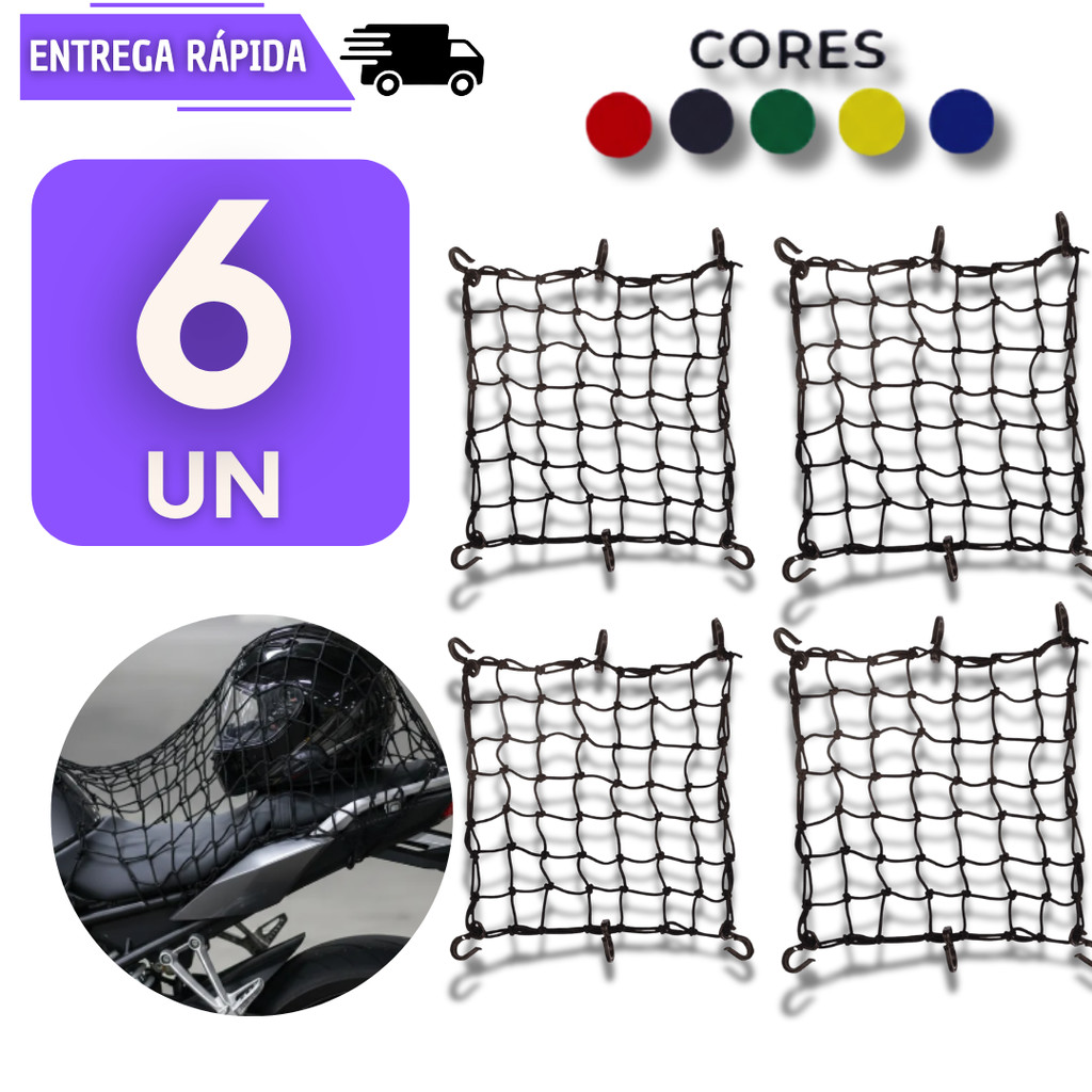 Conjunto 6 Redes Elastica Para Moto Capacete Bike Tipo Aranha 6 Ganchos Redinha Acessório Rede Prender Bicicleta Rede