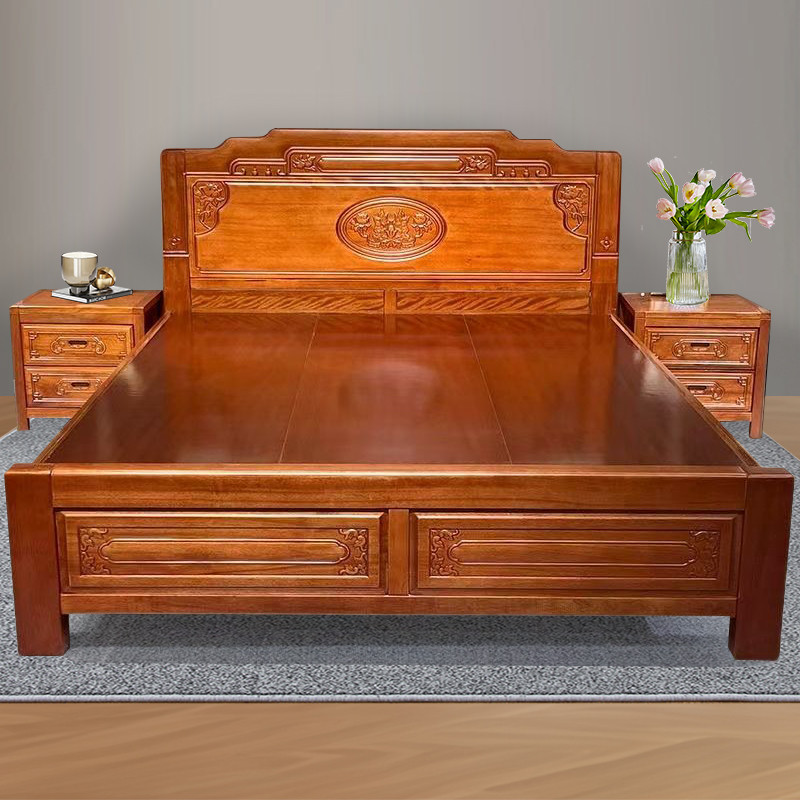Cama de madeira maciça de jacarandá chinês, estrutura de espiga para quarto, cama dupla grande esculpida, espessada, neg