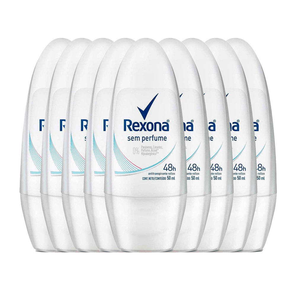 Kit Desodorante Roll On Rexona Sem Perfume 50ml - 9 Unidades