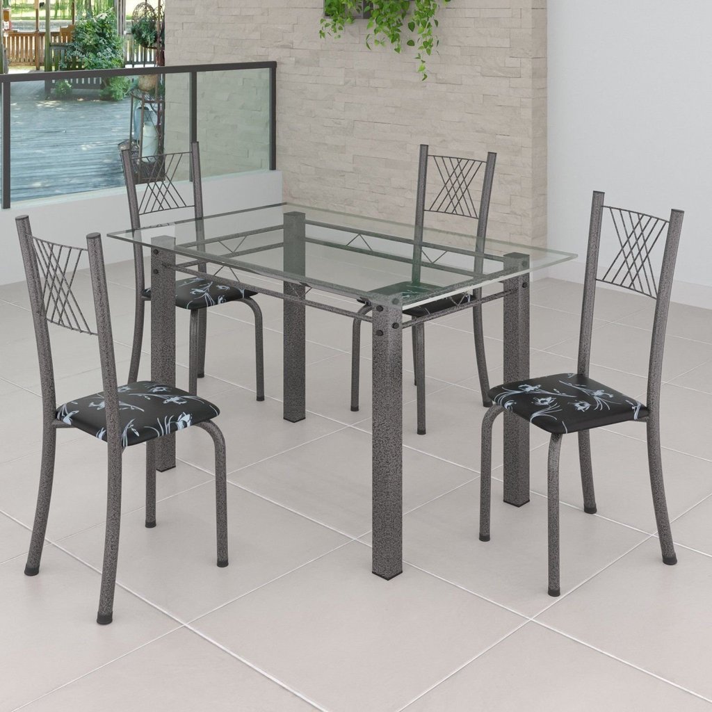 Conjunto de Jantar Mesa 120x75cm Tampo de Vidro Incolor com 4 Cadeiras Sara Yescasa Prata/Preto Floral/Mart Preto