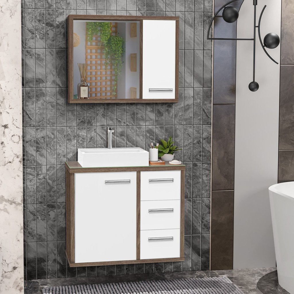 Gabinete para Banheiro com Tampo de Vidro Cuba de Sobrepor e Espelheira 60cm Turin Avelato/Branco