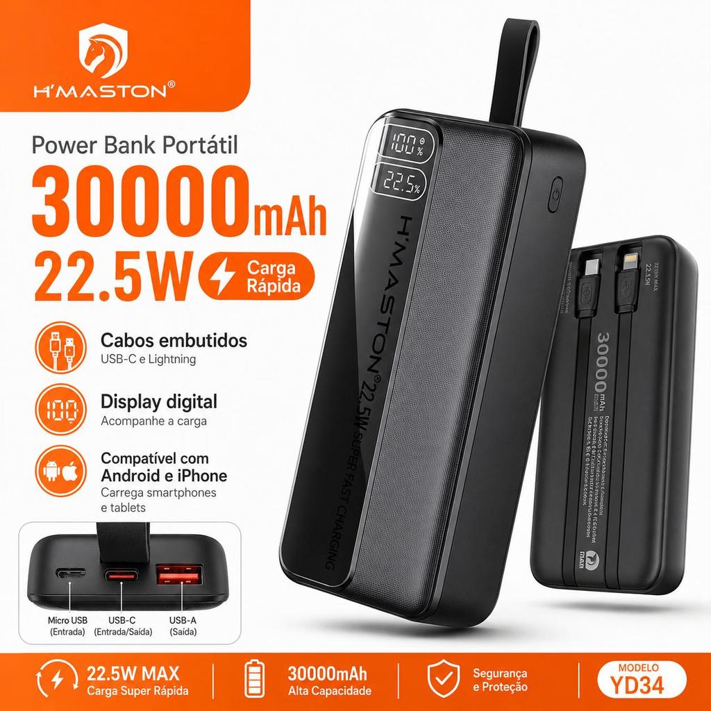 Power Bank Portátil H'MASTON 30000mAh 22.5W Carga Rápida com Cabos Embutidos USB-C e Lightning Display Digital YD34
