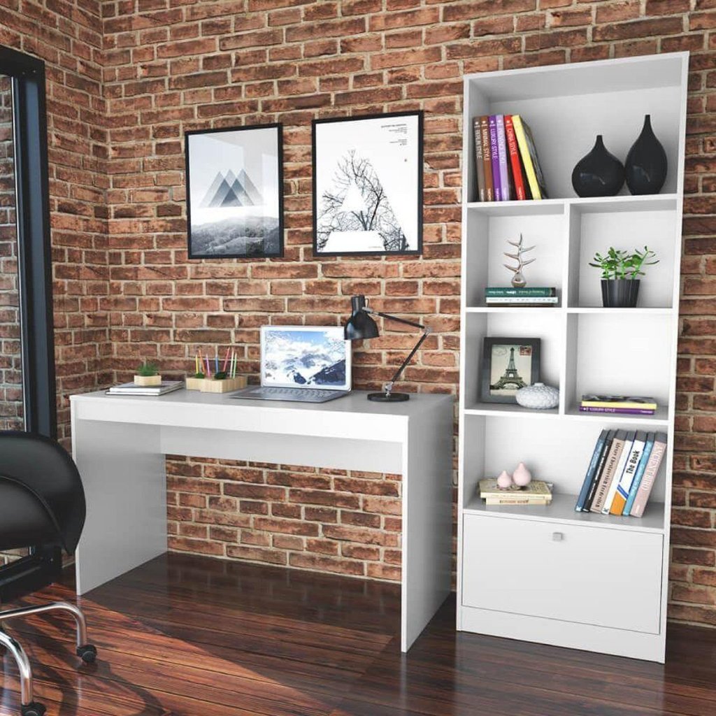 Conjunto 2 Peças com Escrivaninha e Estante Livreiro 6 Nichos 1 Porta B30 Branco Branco
