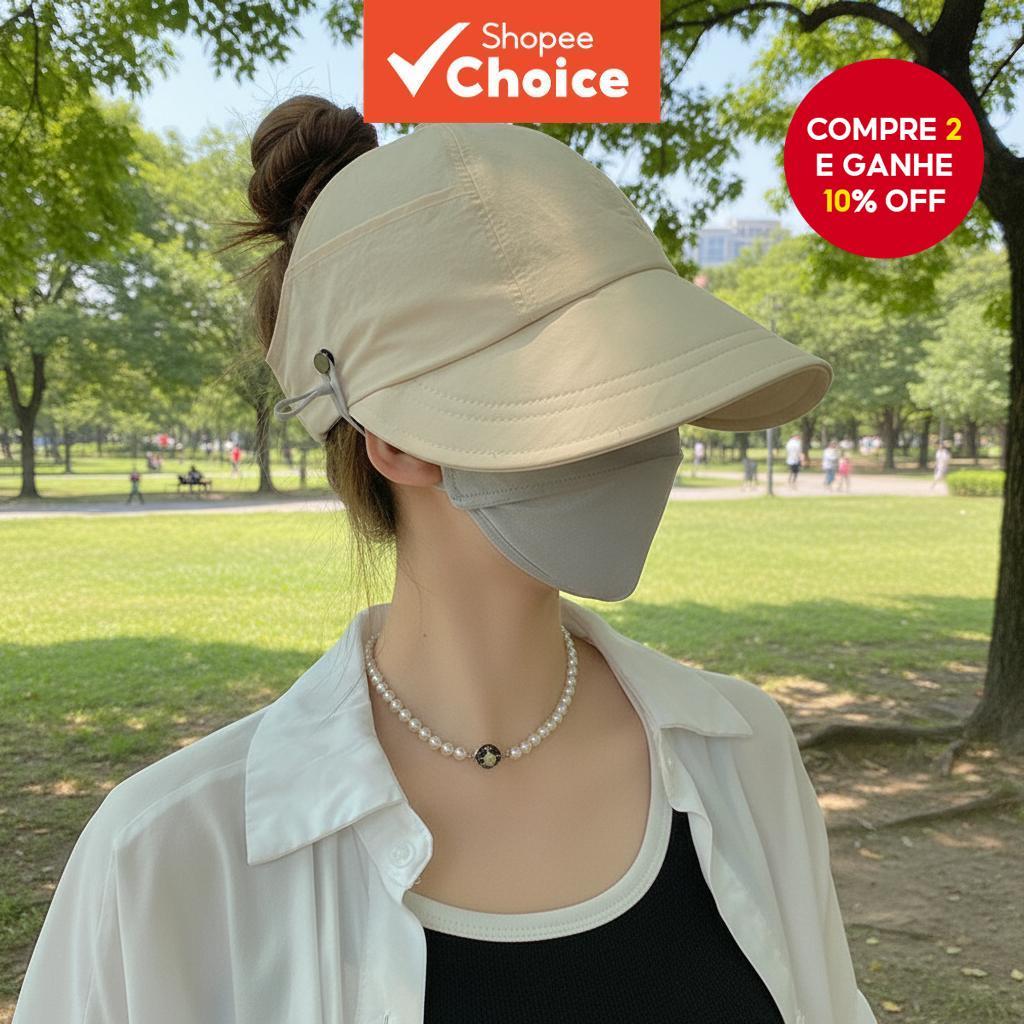 Chapéu de Sol Coreano com Aba Larga, Gancho para Máscara e Furo Ajustável para Rabo de Cavalo, para Praia, Trilha, em Oferta na Shopee