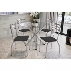 Sala de Jantar Completa Volga c/ Tampo de Vidro 95cm e 4 Cadeiras Portugal Cromada/Preto 110 - Kappesberg