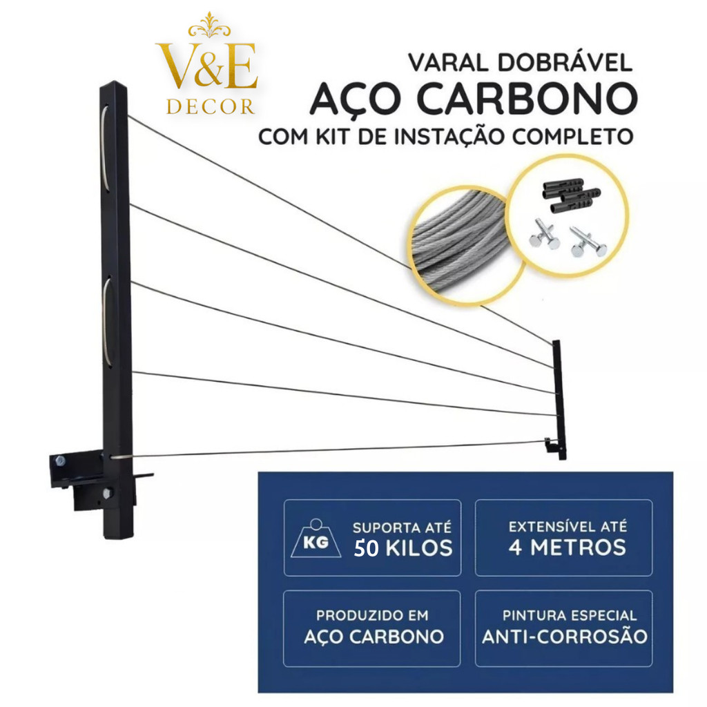 Varal De Parede Retrátil Em Aço Dobrável, Articulado, Cabo De Aço Encapado ENVIO IMEDIATO em Oferta na Shopee