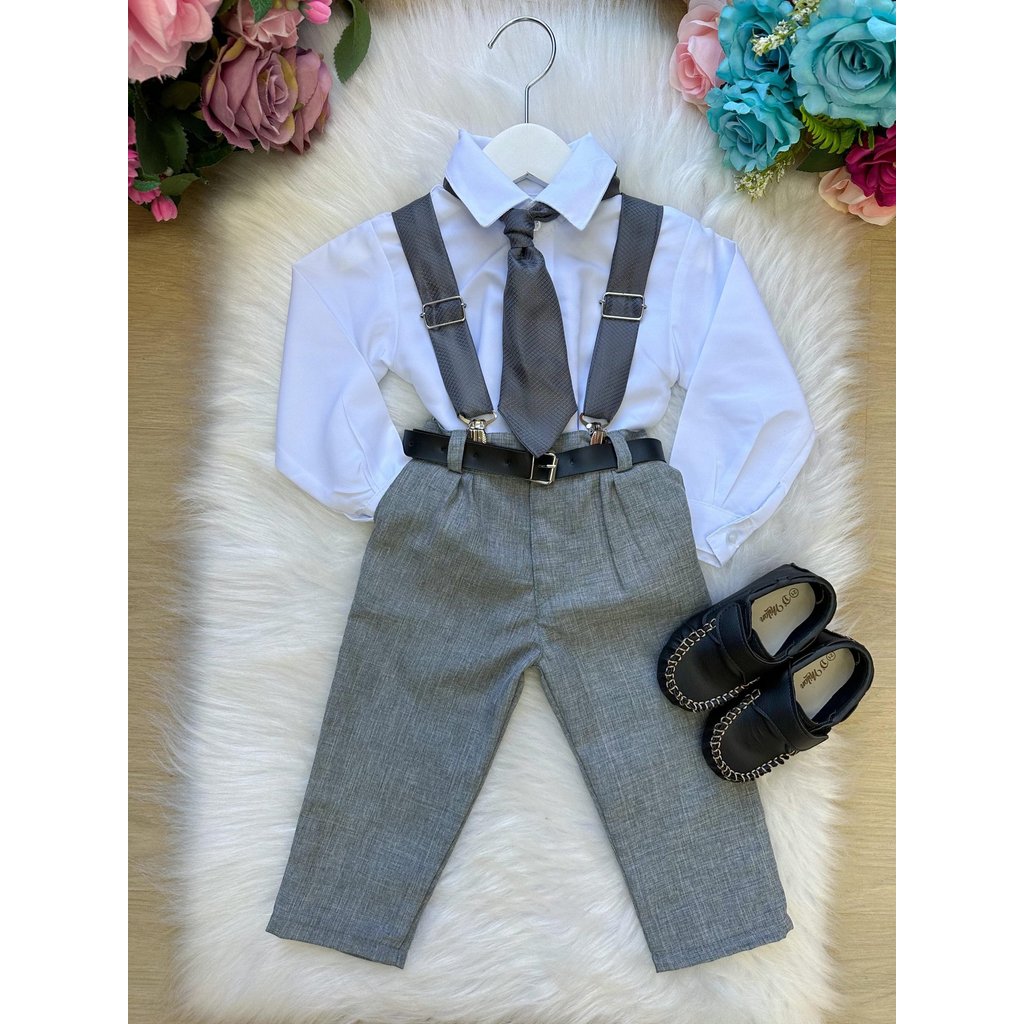 Conjunto Meninos Miss Cherry Rafael Suspensorio Cinza