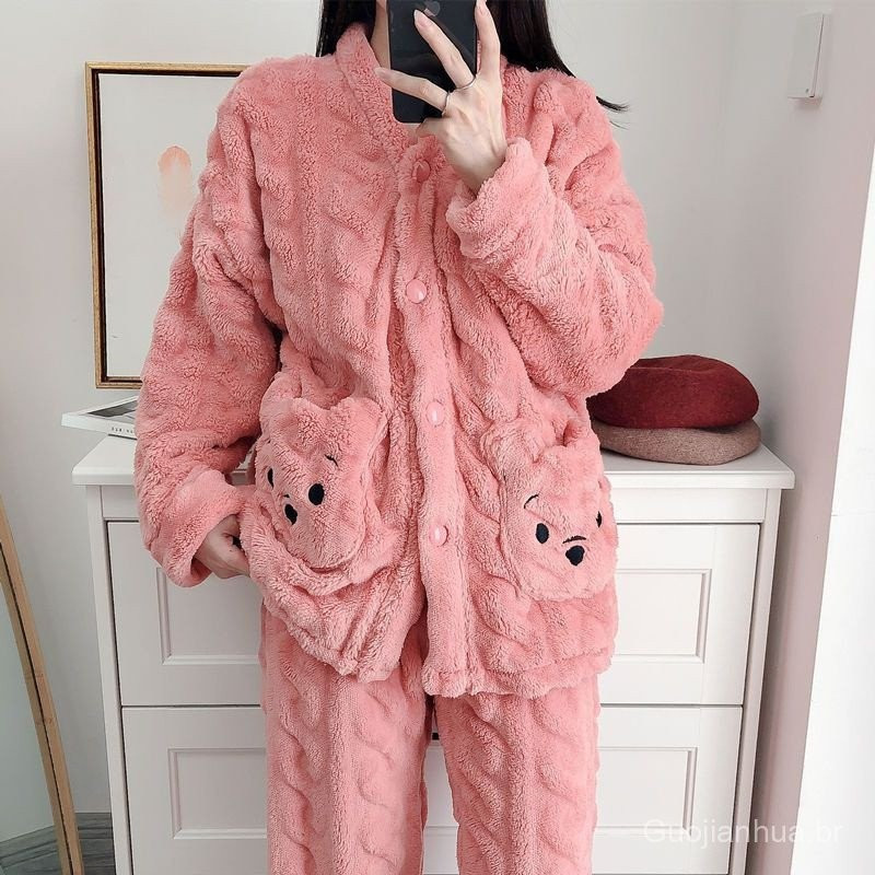 Pijama Feminino de 2 peças de Pijama de Outono Inverno Pijama Feminino de Lã de Coral Pensando Roupa de Estudante Cartoo