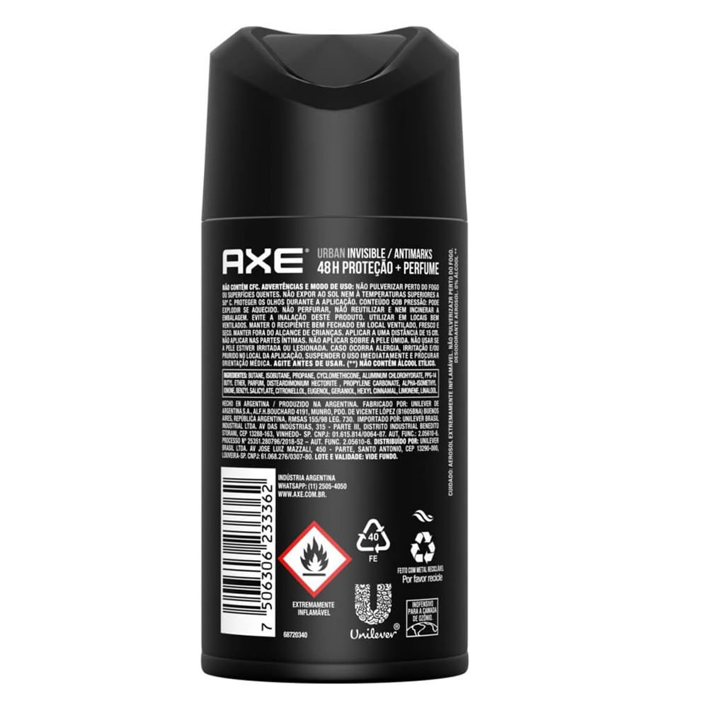 Detalhes do Kit Desodorante Antitranspirante Aerosol Masculino Axe Urban Anti Manchas 152ml/89g - 6 Unidades