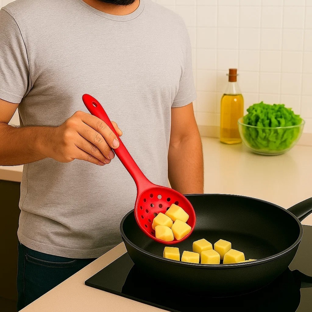 Escumadeira de Silicone Concha de Escorrer Óleo Vermelha 33cm Utensílio Cozinha Frituras