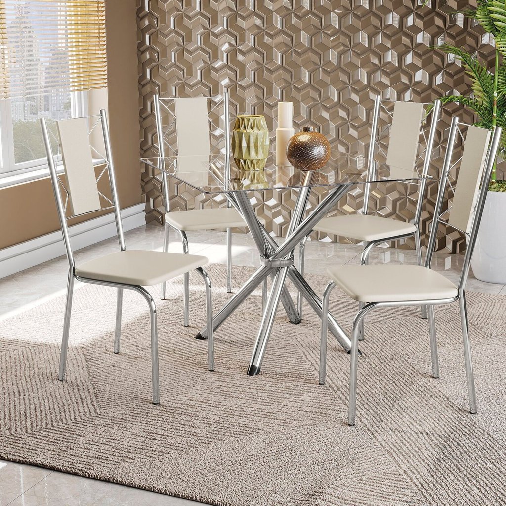 Conjunto Mesa Volga Tampo de Vidro e 4 Cadeiras Lisboa Bege/Cromado/Nude Cromado/Nude