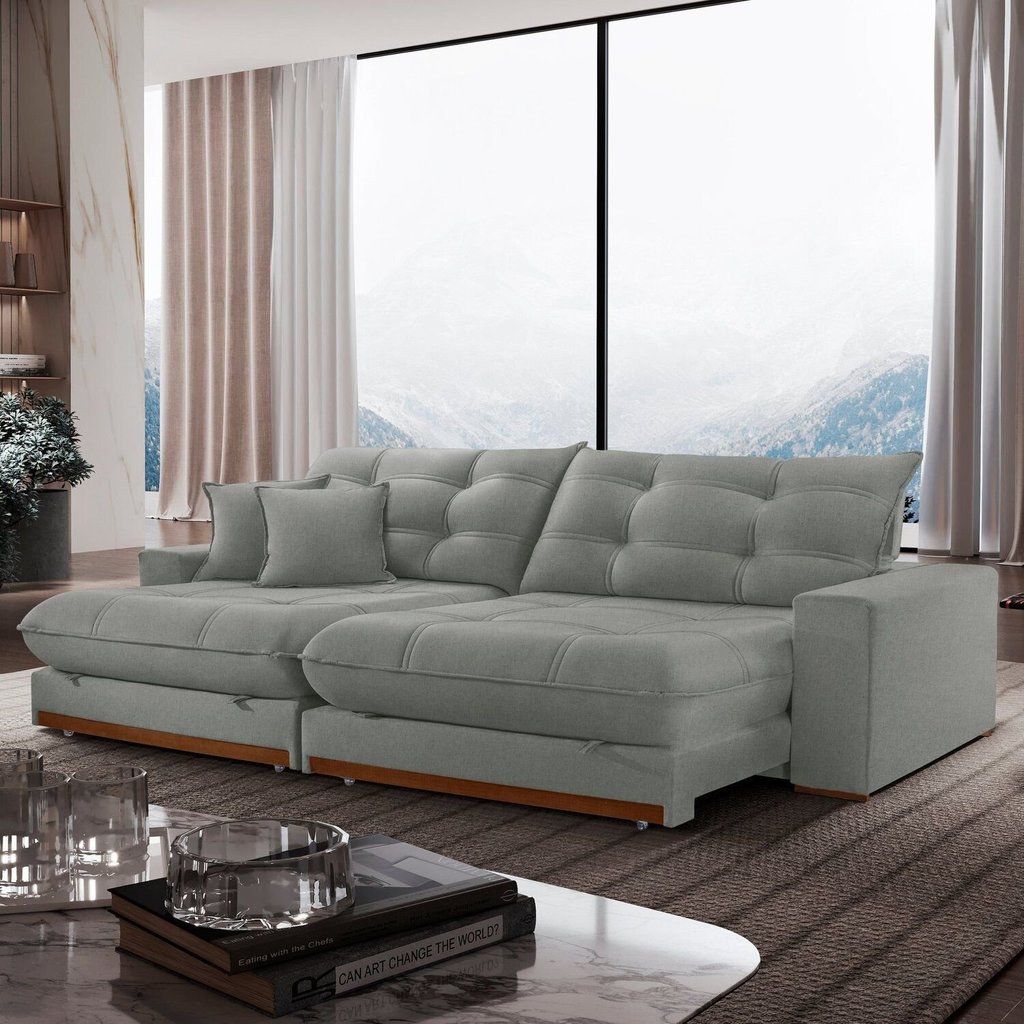 Sofá Retrátil 4 Lugares 290cm Linho Belize Cinza Linho Cinza