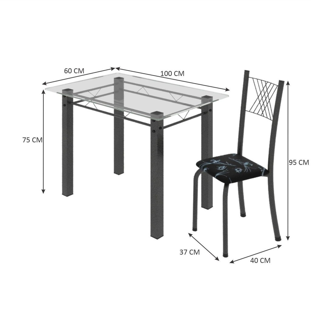 Conjunto de Jantar Mesa 100x60cm Tampo de Vidro Incolor com 4 Cadeiras Sara Yescasa Prata/Preto Floral/Mart Preto