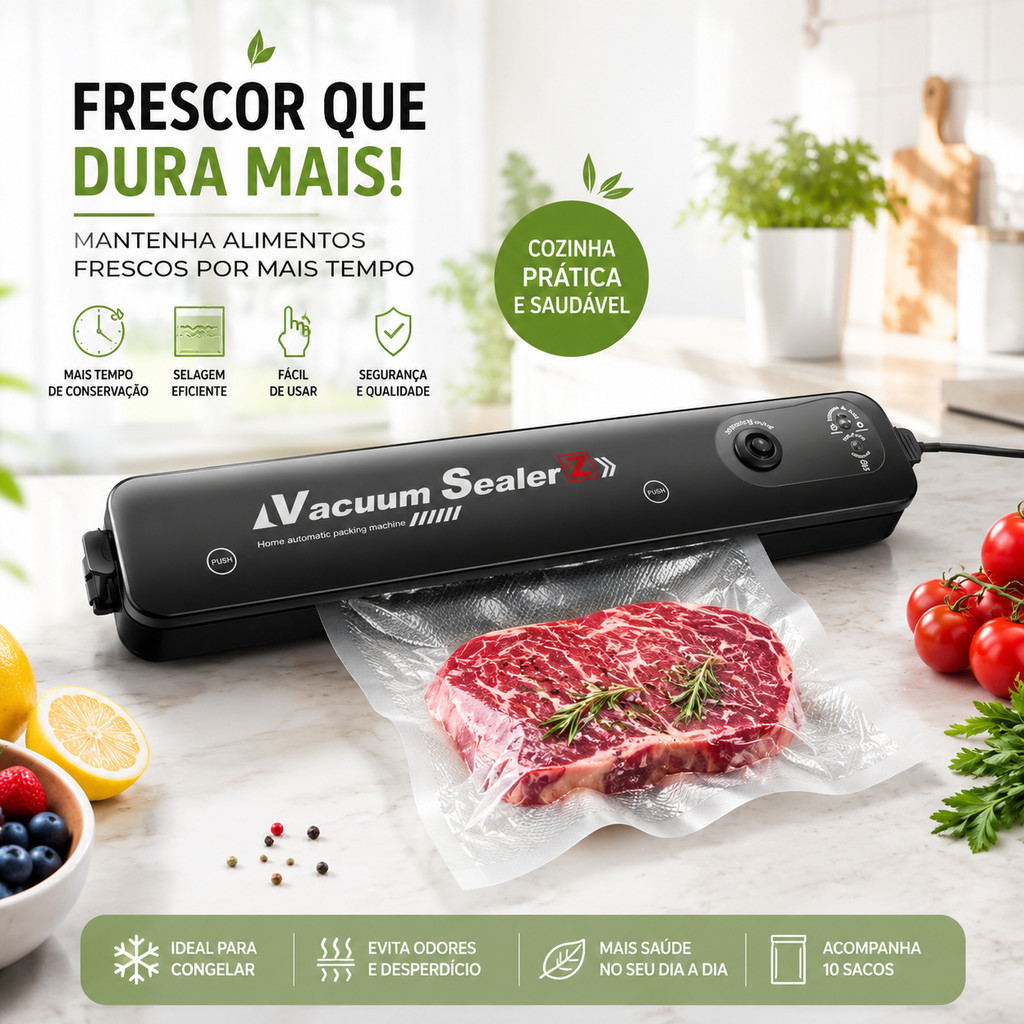 Máquina Seladora a Vácuo para Conservação de Alimentos Doméstica