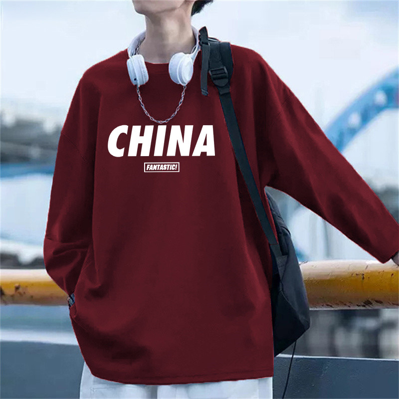 Camiseta masculina de manga comprida de algodão puro primavera outono novo estilo carta impressa topo Street Wear na mod