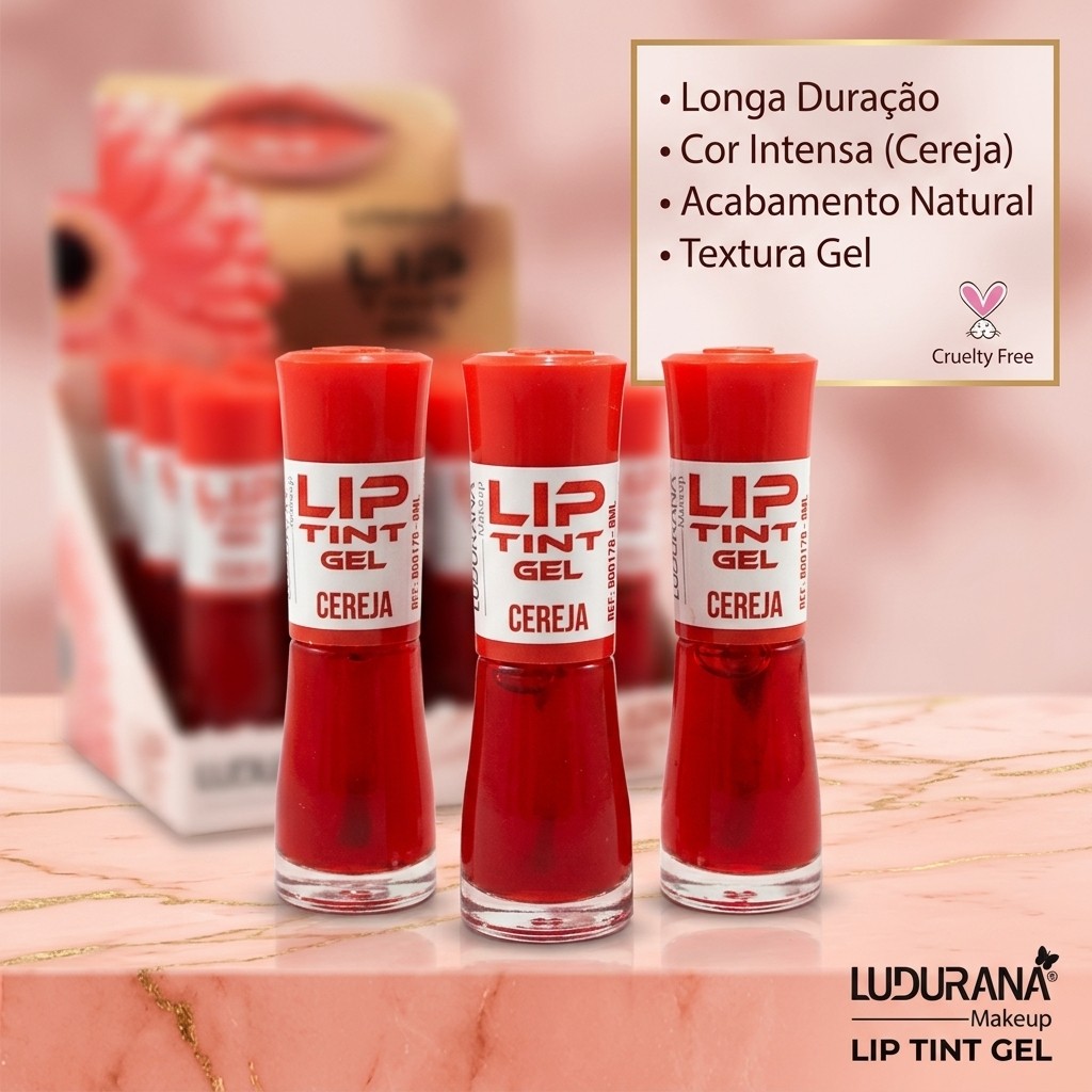 Kit Atacado 12 Lip Tint Gel Ludurana Cereja - Custo Benefício - Tint Longa Duração Não Mancha - Revenda Garantida