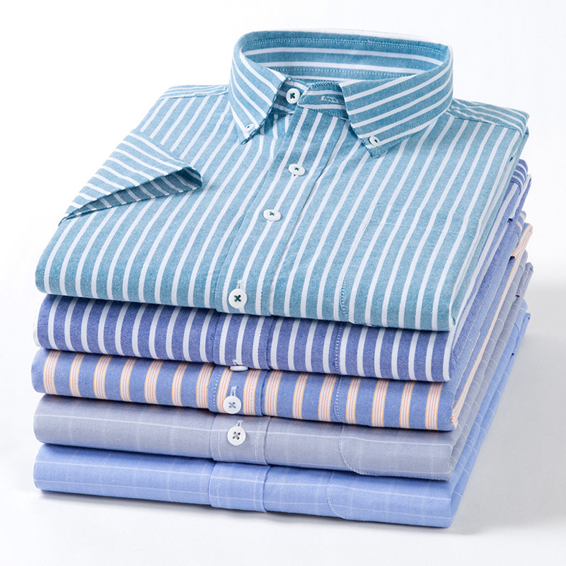 Camisa Casual Masculina de Manga Curta 100% Algodão Listrada e Xadrez, Tamanho Grande, Camisa Formal Masculina 0417