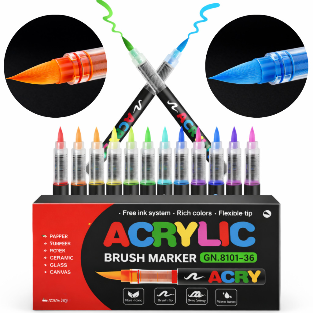 Caneta Marcadora Acrílica Pincel Artístico 12/24/36/48 Cores Vibrantes para Desenho e Pintura DIY
