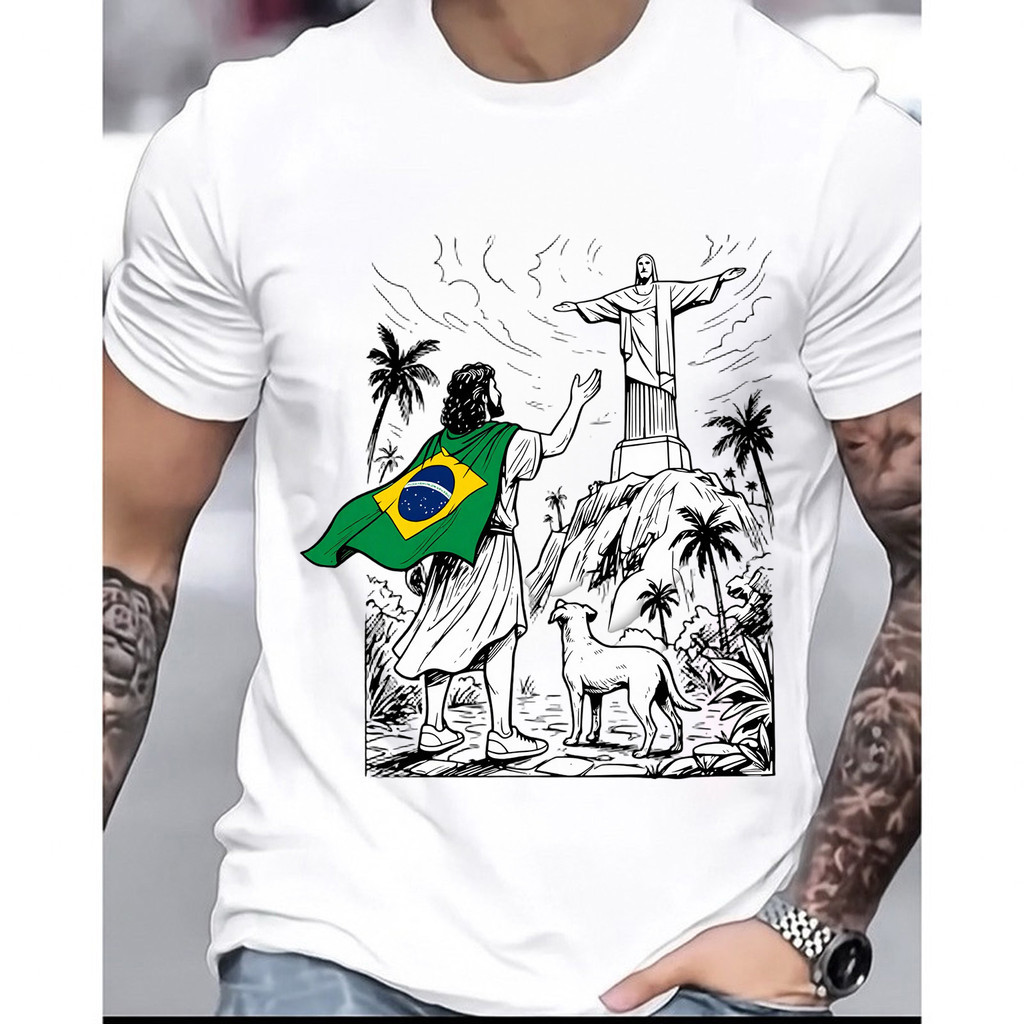 [Camiseta Premium em Algodão Puro]GXG Masculina Curta Sleeve Representação Cristo Redentor Tropical Pleno Corpo Natureza