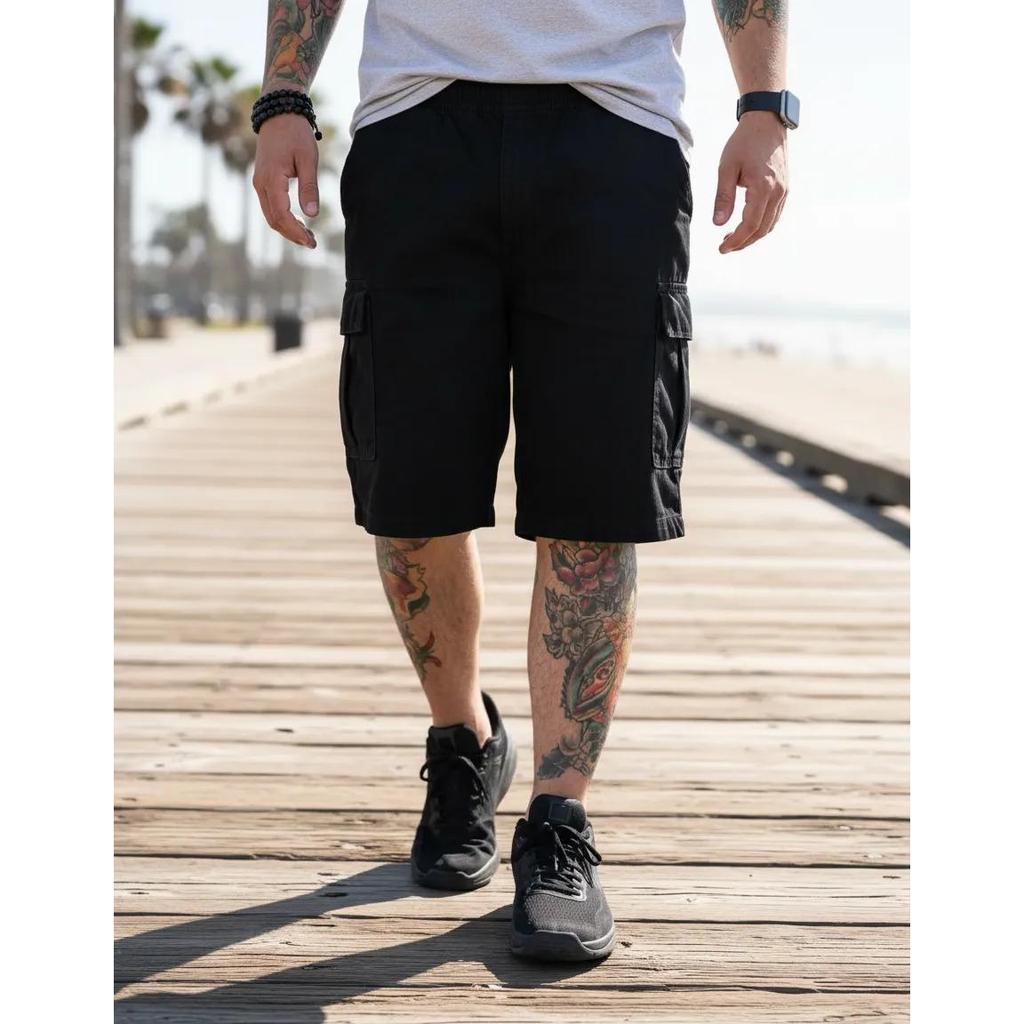 Bermuda Cargo Masculina Sarja Com Cós Elástico Bolso Lateral