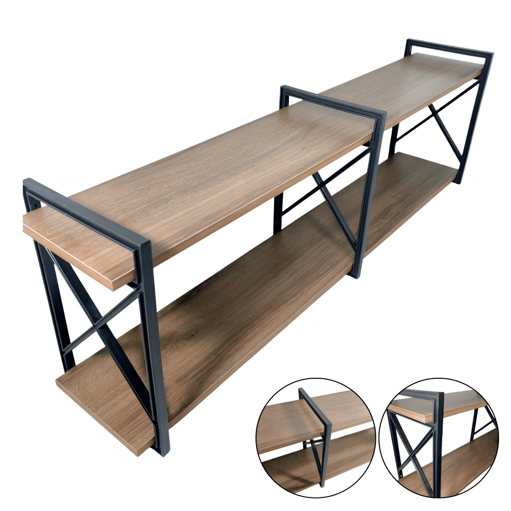 Prateleira Industrial em X 90cm a 160cm – Madeira Amêndoa e Suporte Preto Resistente em Oferta na Shopee