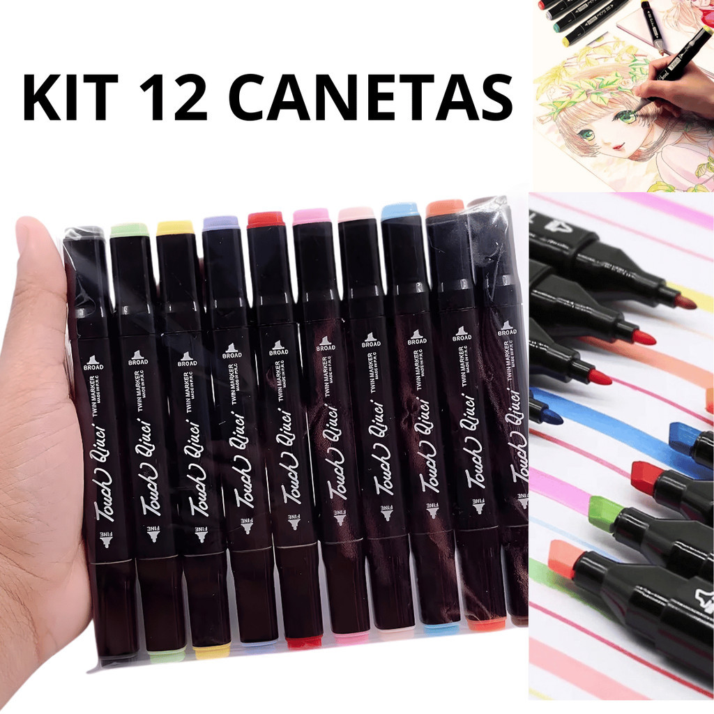 Kit De Canetas Marcador Permanente Ponta Dupla – 12 Cores Canetinhas Coloridas em Oferta na Shopee